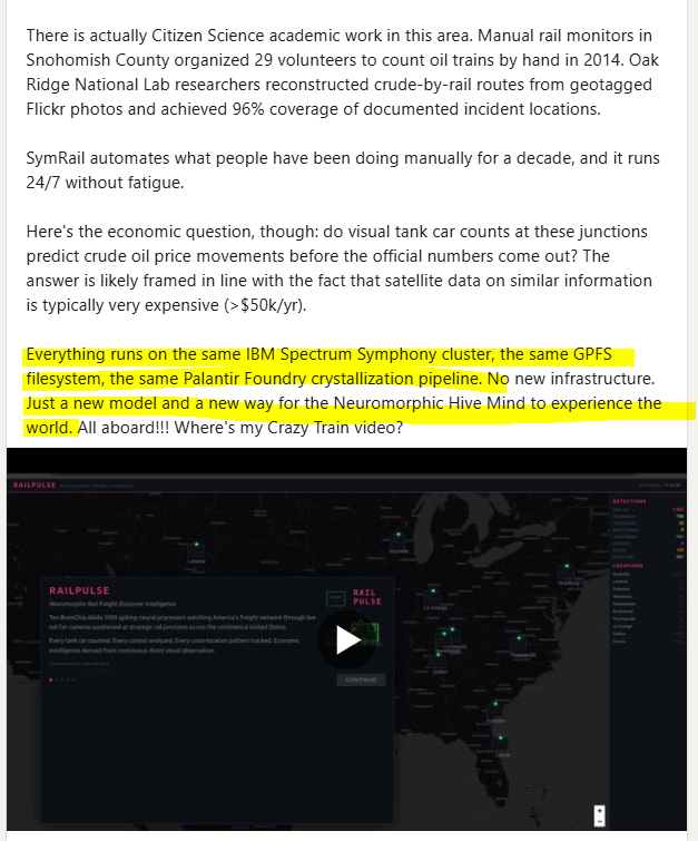 MIAM_Schwan's tweet image. Kevin D. Johnson/Field CTO #IBM:

"I built a system that watches 10 live Railfan cameras across the United States, classifies every freight car in real time on neuromorphic hardware, and turns the results into economic intelligence."

He was using 10 AKD1000 chips again!
$BRN