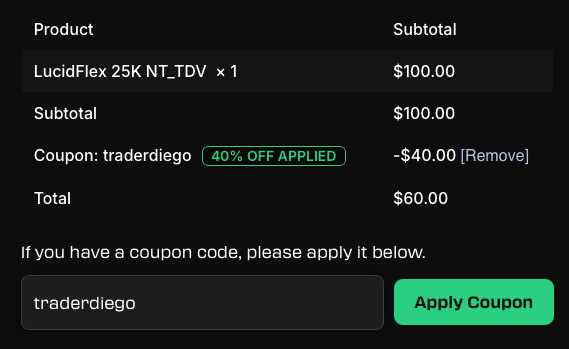 TraderDiegoX's tweet image. No payout buffer + No consistency in funded are my favorite eval rules.

Add to that it’s a one-time payment, so you can take your eval at your own pace!

👉 25K LucidFlex for only $60

Using code: TRADERDIEGO
Get it here: lucidtrading.com/ref/traderdiego