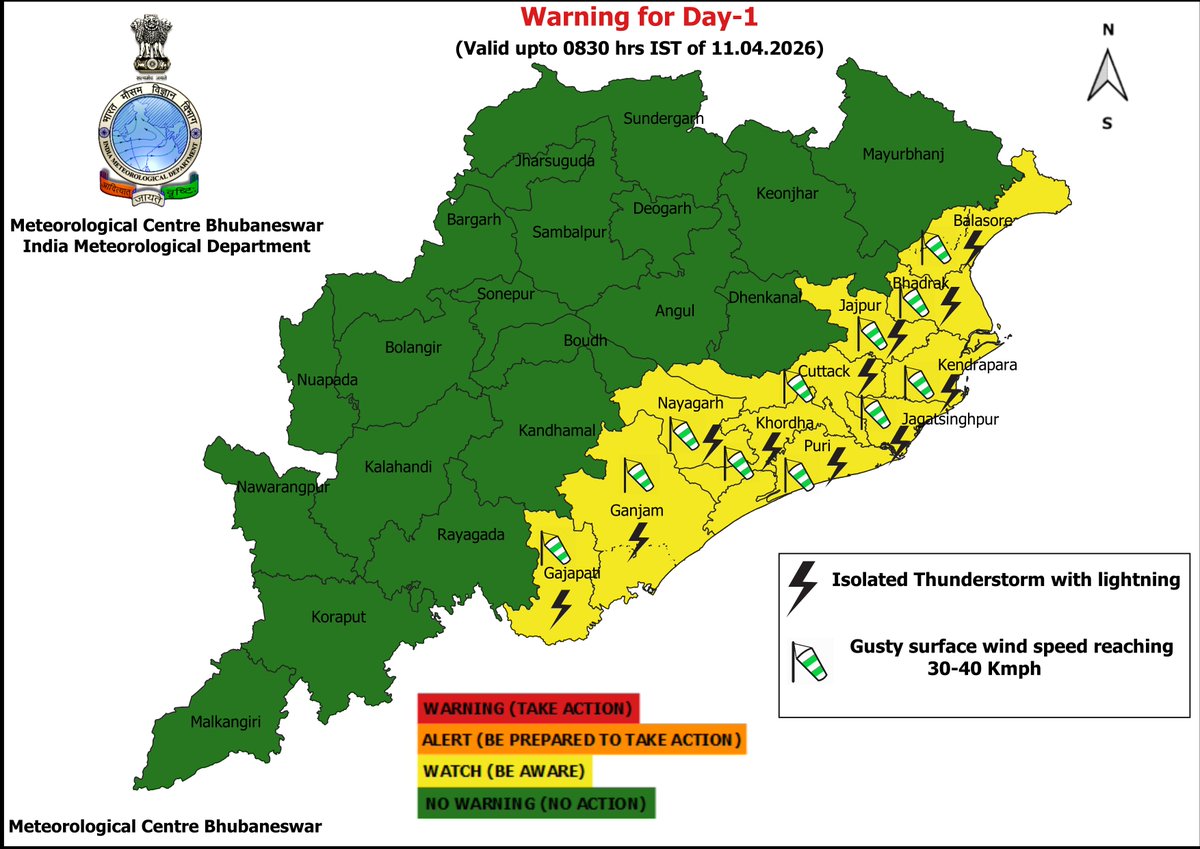 mcbbsr's tweet image. Warning for the State. 
Day-1  : Isolated Thunderstorm, Lightning &amp;amp; Gusty Wind Warning. 
Day-2to Day-7 : Hot and Humid Warning. 
Day-4 &amp;amp; Day-5 : Heat Wave Warning.
#Thunder #lightning #Warning #Odisha #odishaweather #WeatherUpdate