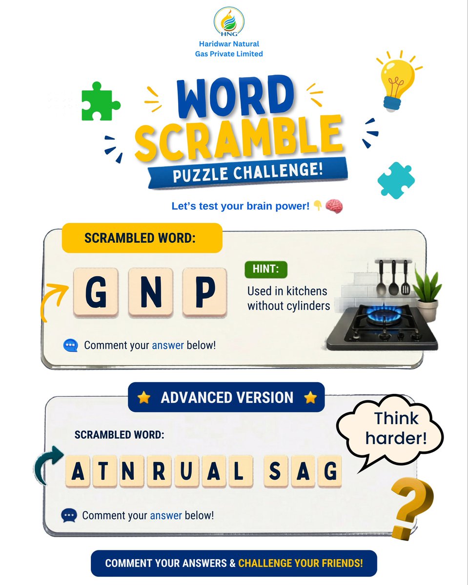 GasNatural65567's tweet photo. Ready for a quick brain workout?
Unscramble the words and test your knowledge of cleaner energy solutions
Hint is right there now it’s your turn to figure it out
#WordScramble #BrainTeaser #PuzzleChallenge #ThinkSmart #CleanEnergy #PNG #NaturalGas #FunWithLearning #DailyChallenge https://t.co/CIptCnoeJ2