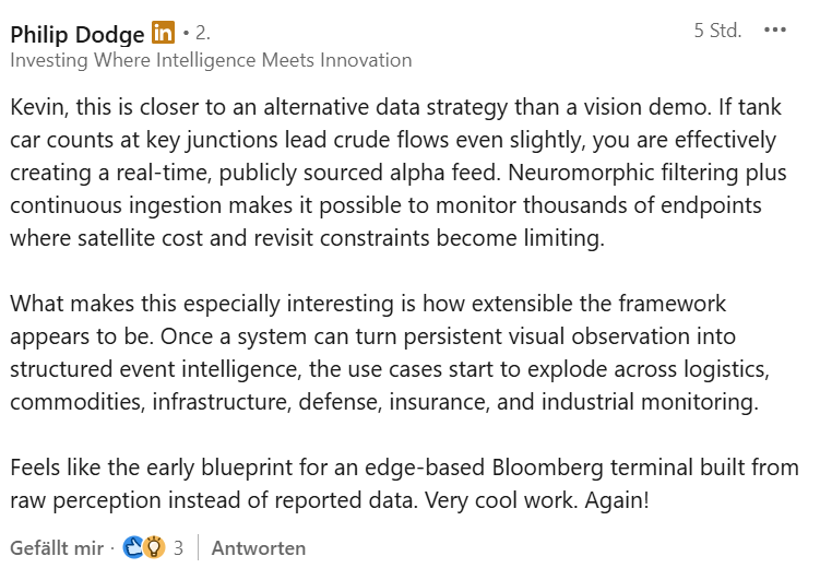 MIAM_Schwan's tweet image. Kevin D. Johnson/Field CTO #IBM:

"I built a system that watches 10 live Railfan cameras across the United States, classifies every freight car in real time on neuromorphic hardware, and turns the results into economic intelligence."

He was using 10 AKD1000 chips again!
$BRN