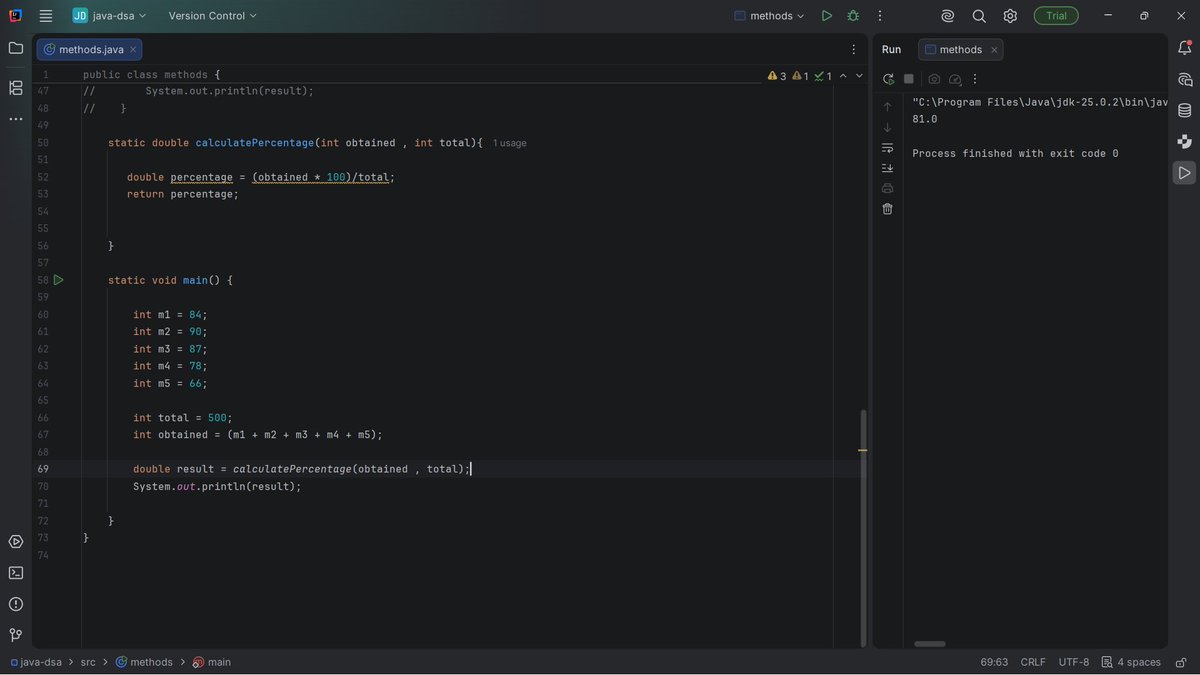 _kumar_pratham's tweet photo. Day 12 of Java + DSA journey with @lovebabbar3 @CodeHelp4U
Learned about Methods in Java -
Understood concepts like method declaration, parameters, return types, and why methods improve code readability and efficiency.
#Java #DSA #LearnInPublic #Coding #codehelp https://t.co/9aMtZJefAF