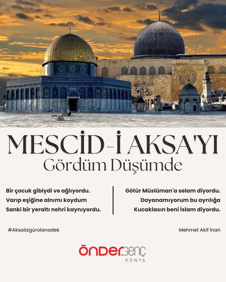 Aksa'mız özgür olana dek; susmamalı, durmamalı, çabalamalıyız. 

#önder #mescidiaksa #aksaözgürolanadek

<a href="/onderihl/">ÖNDER</a> <a href="/OnderKonya/">ÖNDER Konya İmam Hatipliler Derneği</a> <a href="/onderbulten/">onderbulten</a> <a href="/aceylantr/">Abdullah Ceylan</a>