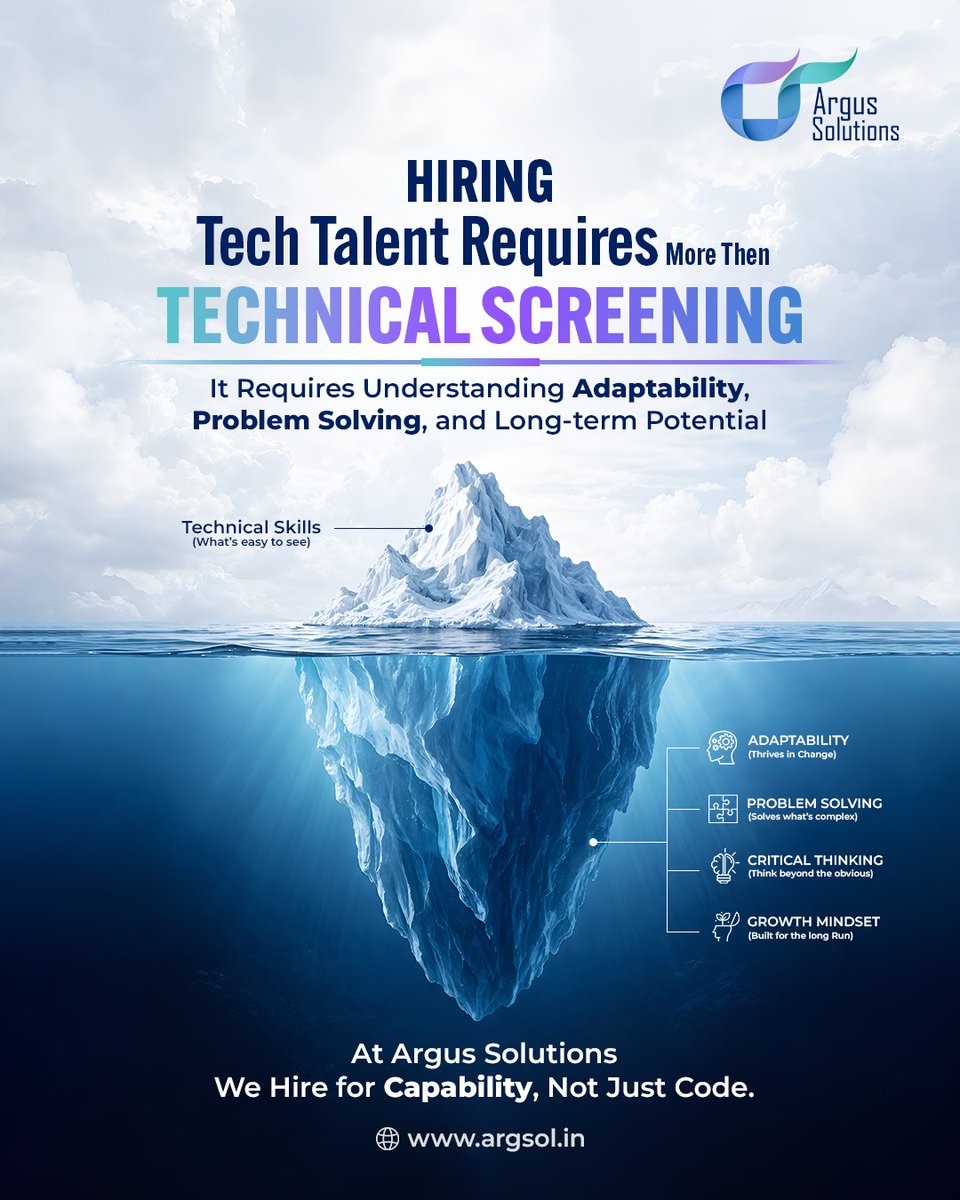 argsol01's tweet photo. Technical skills may get you shortlisted.
 Adaptability and problem-solving get you selected.
Hiring for capability always wins.

#TechHiring #Hiring #FutureOfWork #HR #argussolutions https://t.co/kAW4xfeEUz