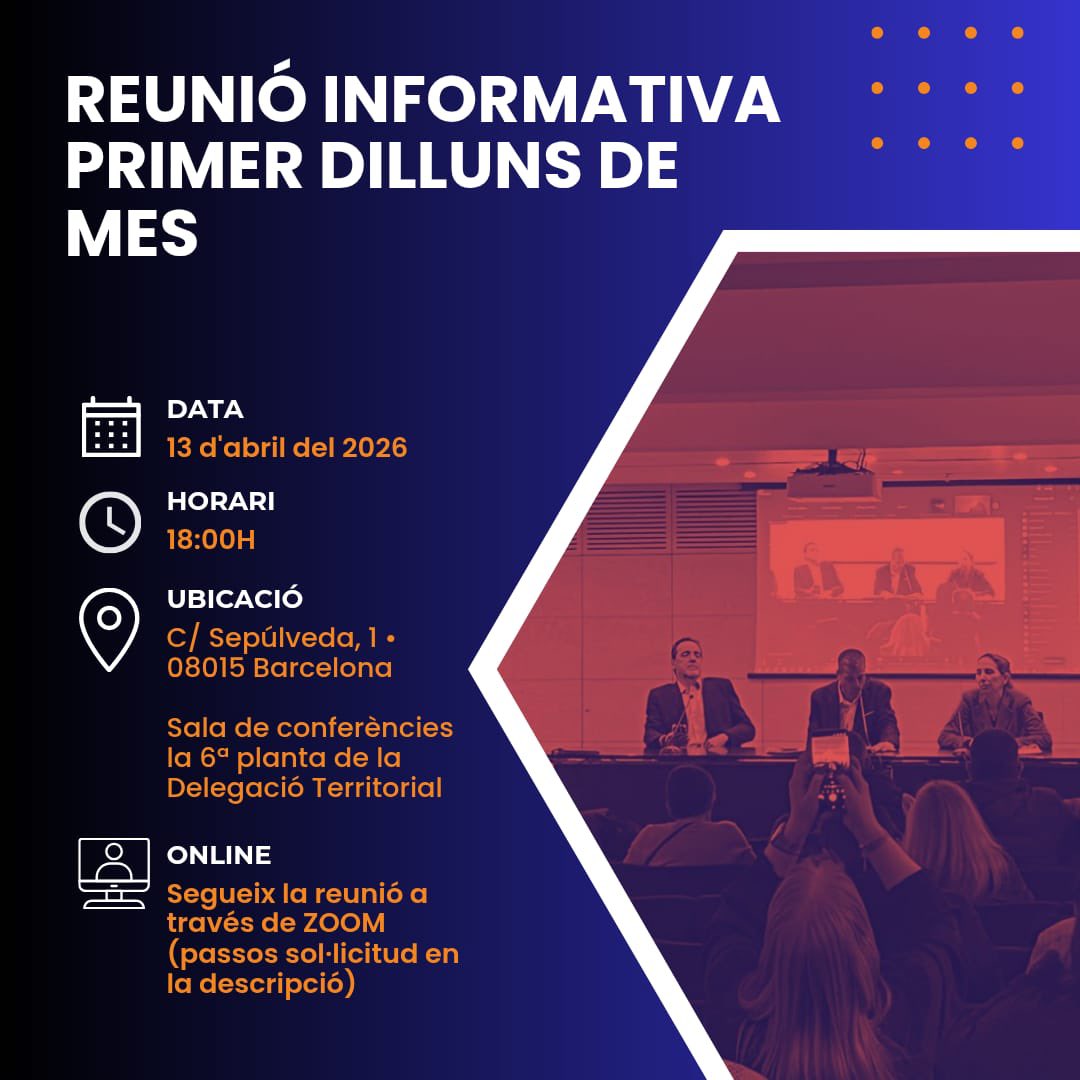 UPBarcelona's tweet photo. 🗓️ Dilluns 13/04/2026 | 🕕 18.00 h Reunió del primer dilluns de mes a la sala de conferències (6a planta) de la DT i també via ZOOM. Accés telemàtic: correu, telèfon o WhatsApp (fins 1 h abans). T’esperem! #SomdUP #SomosdeUP https://t.co/ZwkEUYrUFg