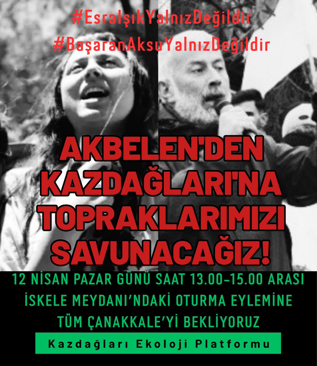 Geçtiğimiz hafta Akbelen direnişinden arkadaşımız Esra Işık’ın haksız ve hukuksuz bir şekilde tutuklanması için başladığımız oturma eylemine bu hafta da devam ediyoruz. 

Ve ne yazık ki sendikal hareketin simge isimlerinden Başaran Aksu da Akbelen'deki Limak ve İçtaş’ın talanını