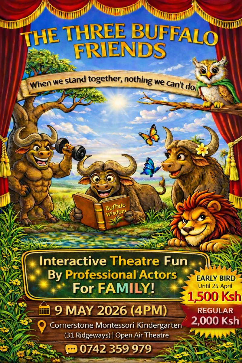 KenyaBuzz's tweet image. Family plans sorted 🎭✨

The Three Buffalo Friends
🗓 May 9 | 4PM
📍 Ridgeways
Tickets available at Kenyabuzz - kenyabuzz.com/events/event/i…

Interactive theatre fun for kids &amp;amp; parents 💛

#NairobiEvents #FamilyFun