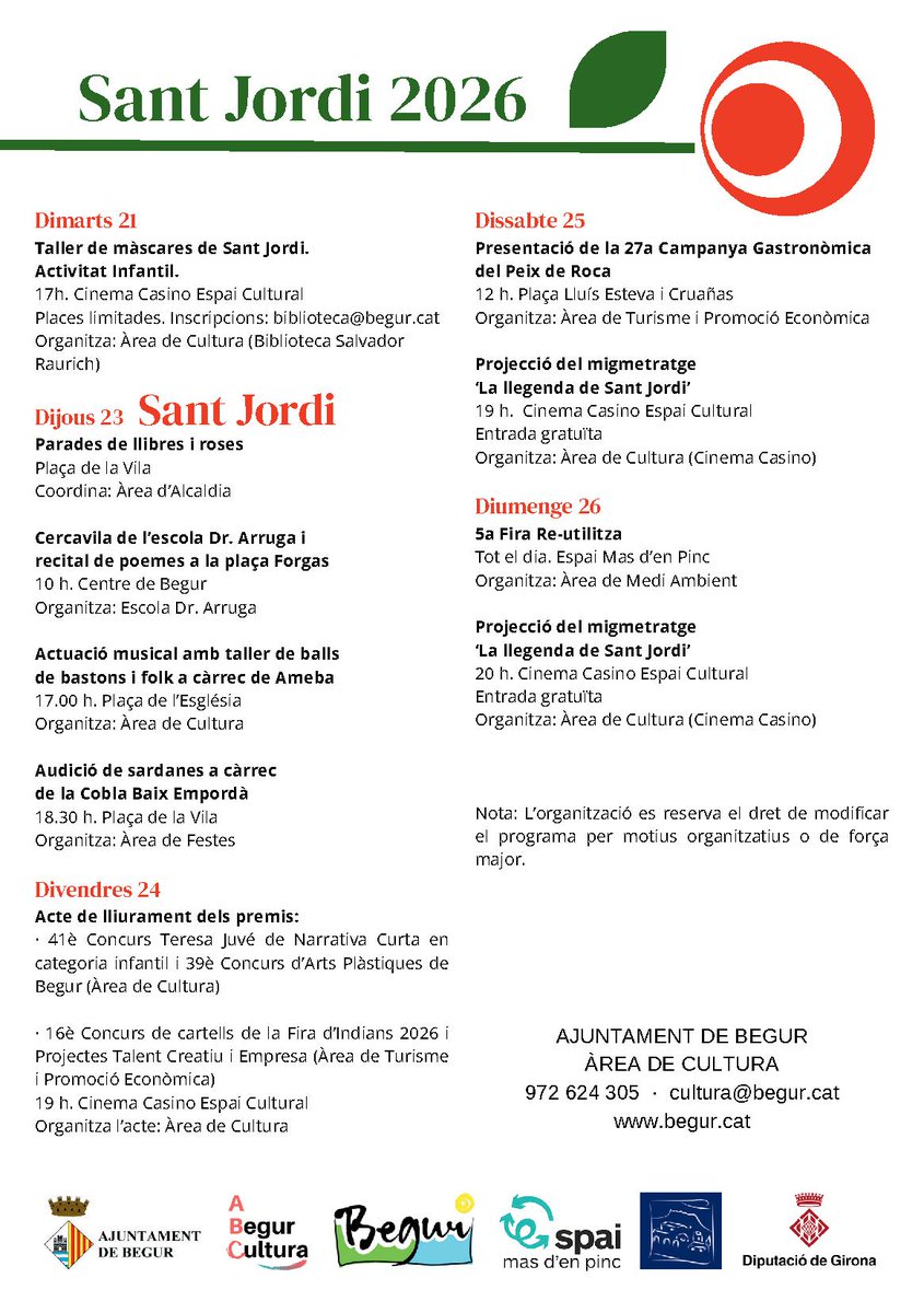 📢Per Sant Jordi, a #Begur es respira cultura per tots els racons!
La programació oferirà activitats per a tots els públics amb propostes infantils, música, cultura popular,  cinema, gastronomia, premis i iniciatives vinculades a la  sostenibilitat.
Laℹ️a: begur.cat/noticies/per-s…