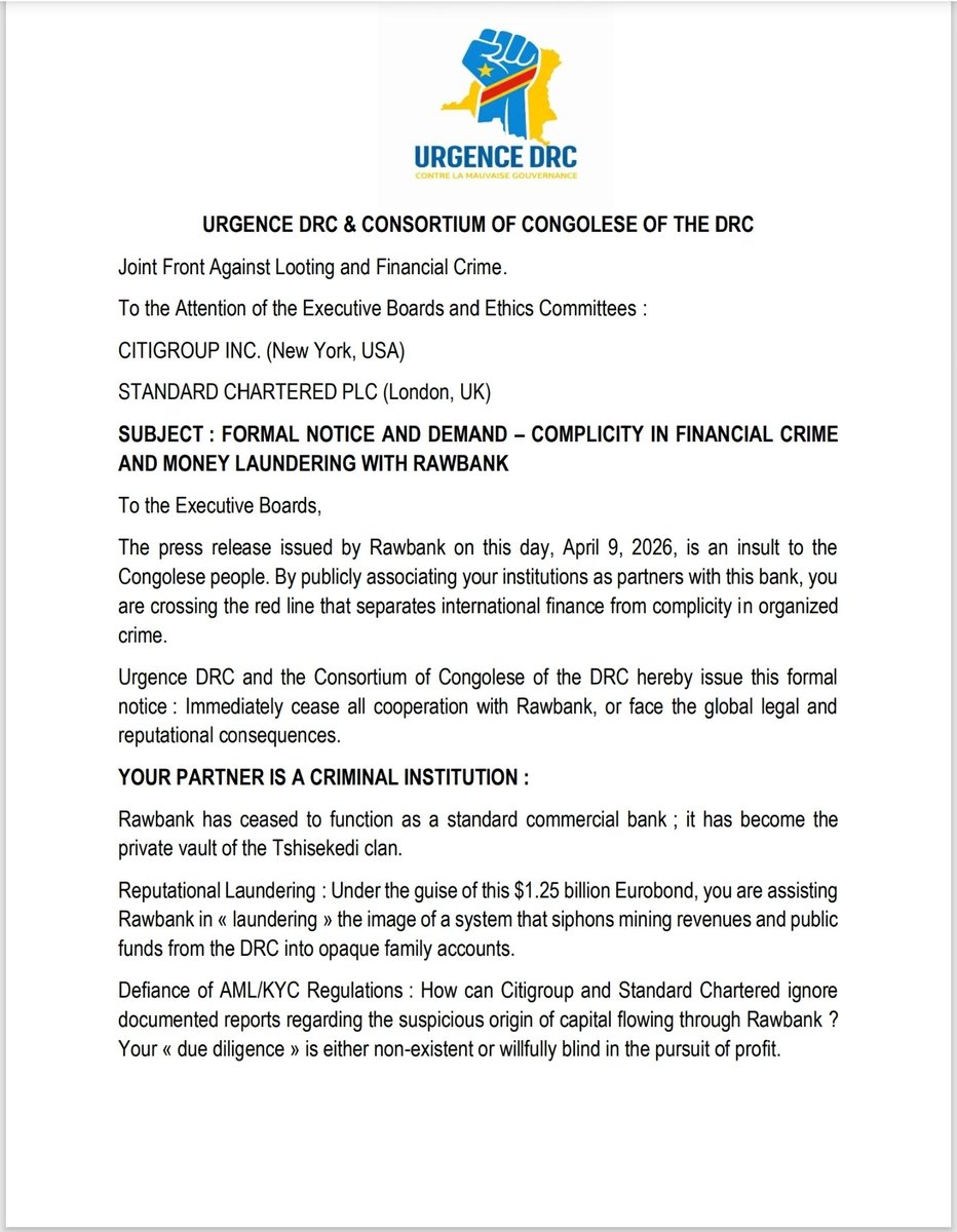 TesongoVictor's tweet image. Nous avons saisi #Citigroup et #Standard Chartered Bank contre la @Rawbank_sa qui facilite les transactions opaques en faveur de la famille #Tshisekedi, une banque mafieuse et criminelle.

La mise en garde des congolais👇
