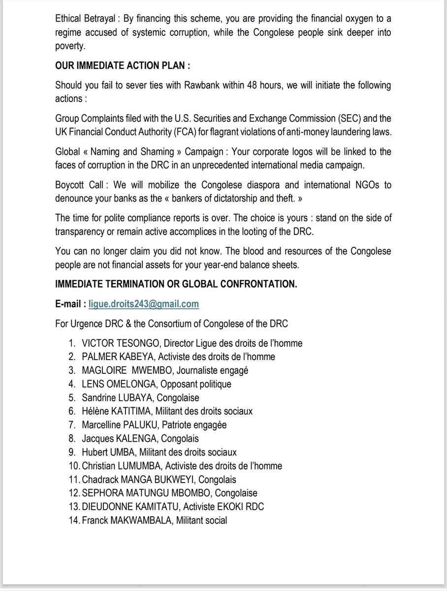 TesongoVictor's tweet image. Nous avons saisi #Citigroup et #Standard Chartered Bank contre la @Rawbank_sa qui facilite les transactions opaques en faveur de la famille #Tshisekedi, une banque mafieuse et criminelle.

La mise en garde des congolais👇