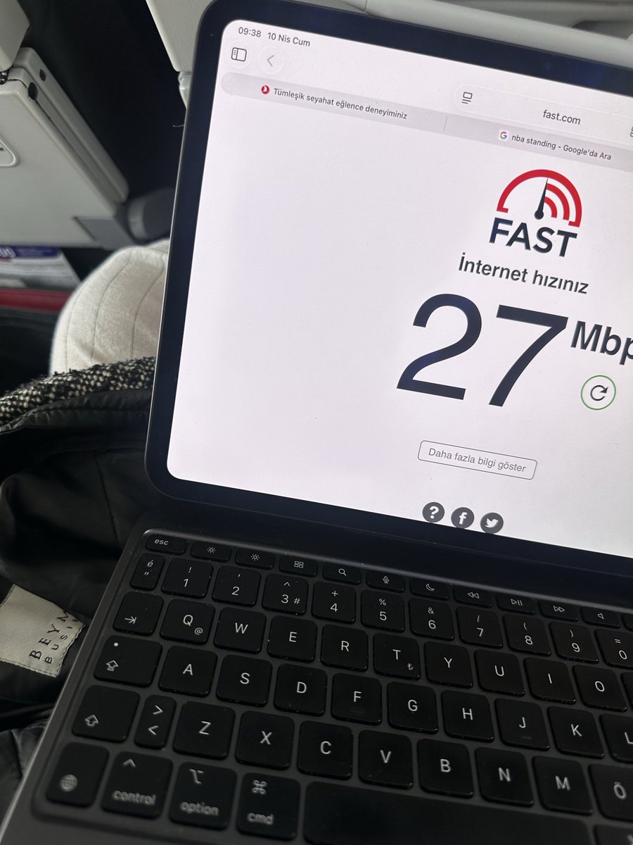oluscan's tweet photo. Şimdiye kadar tüm uçuş sırasındaki en iyi internet hız deneyimim ve test sonucu bu oldu. TK1688 Teşekkürler @TurkishAirlines https://t.co/E56FLGRNfU
