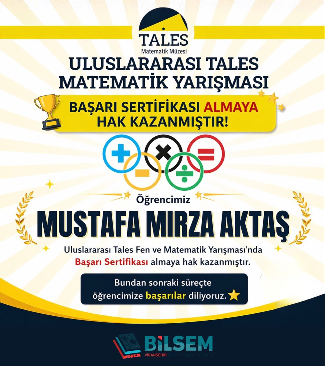 VBilsem's tweet photo. Öğrencimiz Mustafa Mirza Aktaş Uluslararası Tales Fen  ve matematik yarışmasında Başarı Sertifikası almayı hak kazanmıştır. ⭐️🎉

Öğrencimizi tebrik ediyor başarılarının devamını diliyoruz 👏🏻✨ https://t.co/fZdhuwiVYf