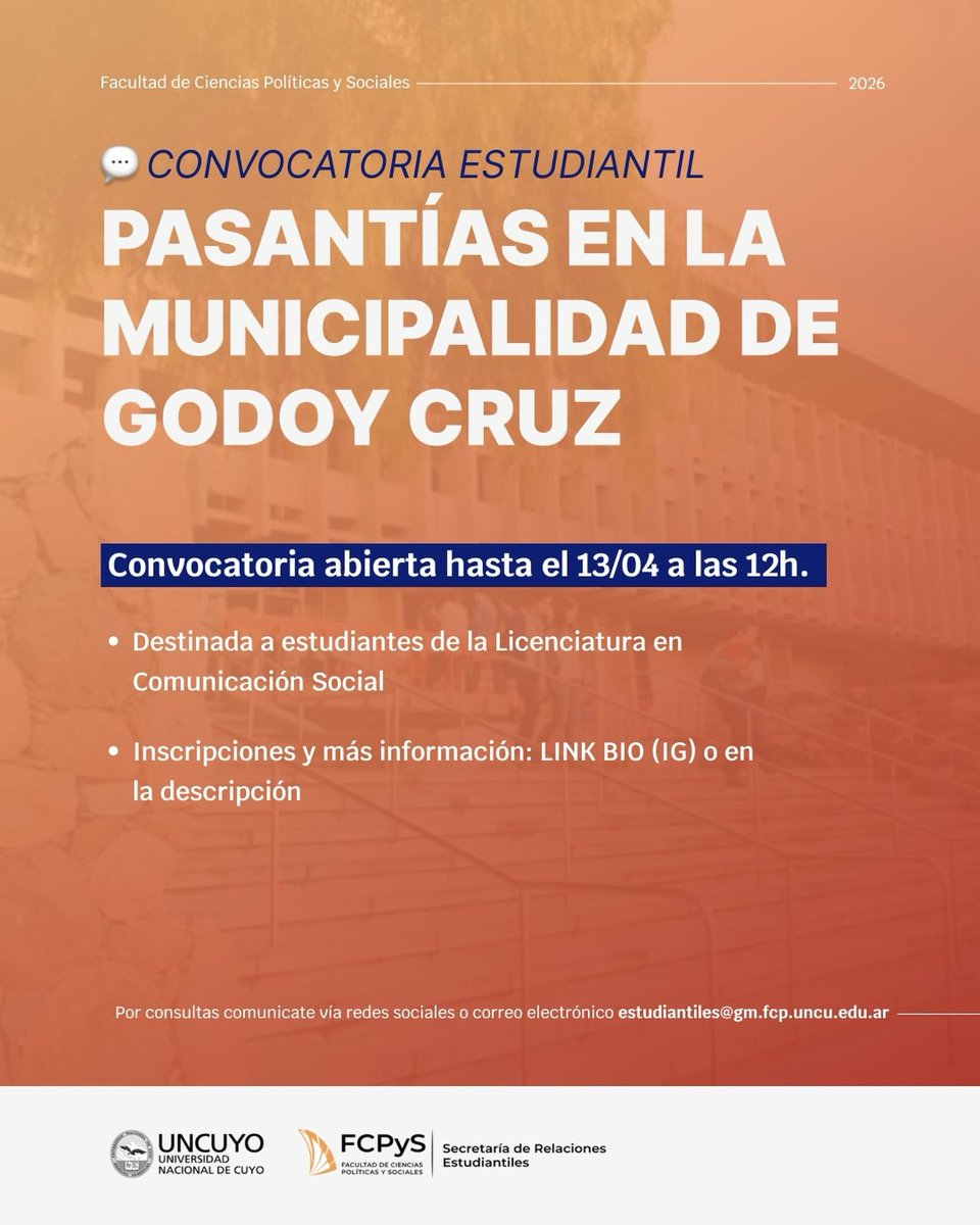 SREstudiantiles's tweet photo. 📝 Se convoca a estudiantes de la Licenciatura en Comunicación Social para realizar pasantías en la Municipalidad de Godoy Cruz.

📅 La convocatoria se encuentra abierta hasta el 13/04 a las 12h.

📲 Inscripciones https://t.co/pcgRWy3iNt https://t.co/cxhU1OK0ow
