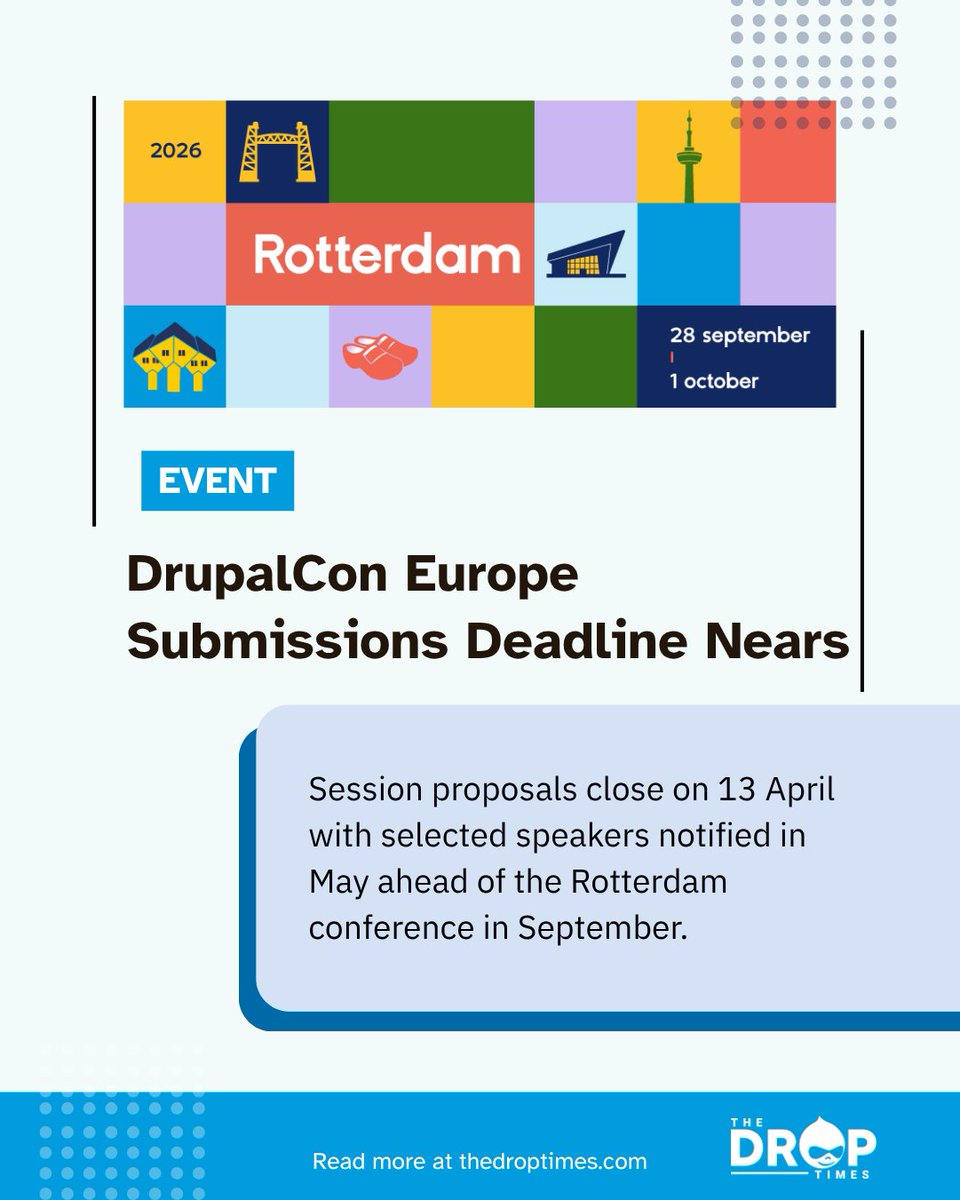 thedroptimes's tweet image. Submissions closing soon for DrupalCon Europe 2026.
 Deadline: 13 April 2026.
 Tracks include AI, UX, development, and community topics.

bit.ly/4t6IPye 

#Drupal #DrupalCon #OpenSource #WebDev