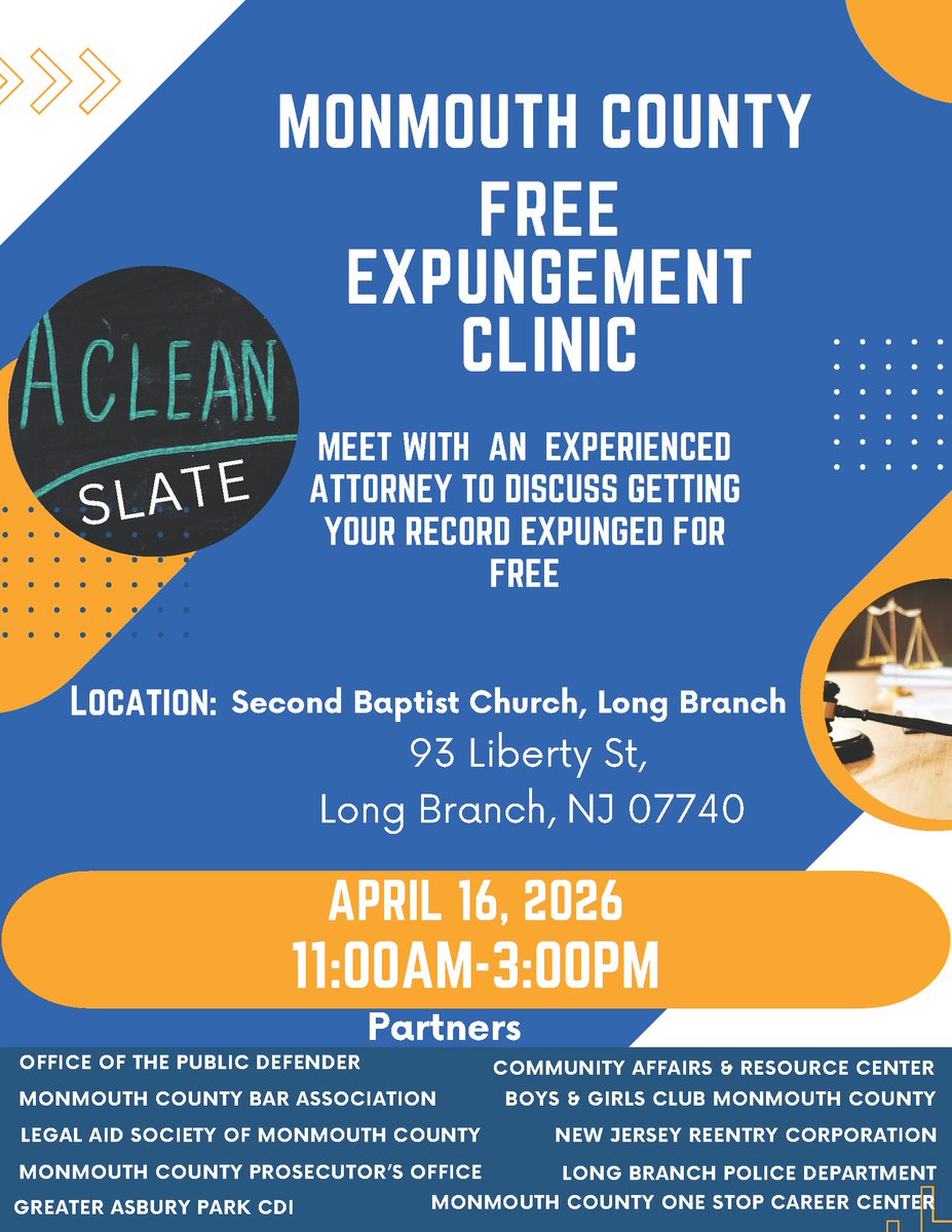 MonCoProsecutor's tweet photo. Prosecutor Santiago is pleased to announce the  Monmouth County Free Expungement Clinic in Long Branch next week, with the goal of offering free legal advice for those who may be eligible to have their record expunged. https://t.co/EKFf4ZymQ3 https://t.co/PpDTCfO4iU
