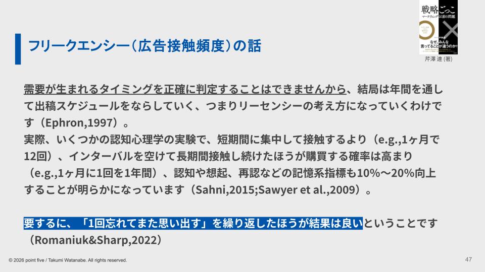 最近、仕事で広告の接触頻度（フリークエンシー）について熱い議論がありましたので、#戦略ごっこ よりエビデンスと考え方の整理をご共有します。

まず接触頻度と広告効果については様々な研究があり、統一的な見解には至っていないようです。
