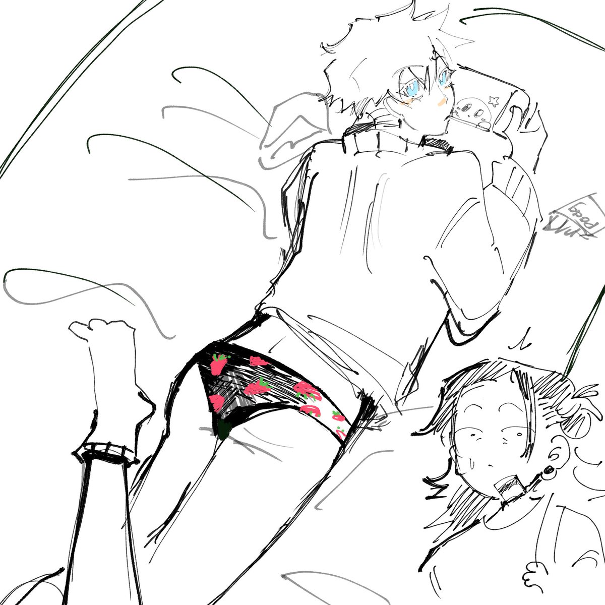 Gekkmiii's tweet image. Suguru finding out his roommate is wearing a strawberry pantie😔