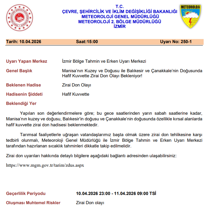 Meteoroloji_2's tweet photo. Manisa’nın Kuzey ve Doğusu ile Balıkesir ve Çanakkale’nin Doğusunda Hafif Kuvvette Zirai Don Olayı Bekleniyor! https://t.co/4TiAtm16Ce