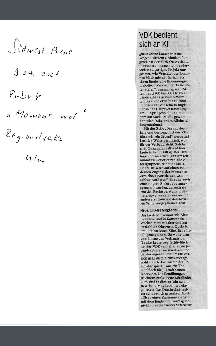 lumpenhobel's tweet image. Wir sind in der Zeitung 📰😊  
Unser VdK Jingle sorgt für Aufmerksamkeit 🎶  

Sogar mit Ohrwurm-Qualität 😄  

Darum, deshalb und deswegen ist der VdK Blaustein ein Segen!  

#VdK #Blaustein #Zusammenhalt #Solidarität #Ohrwurm