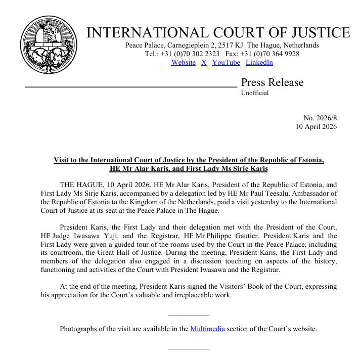 CIJ_ICJ's tweet image. PRESS RELEASE: HE Mr Alar Karis, President of #Estonia, and First Lady Ms Sirje Karis, accompanied by a delegation, paid a visit to the #ICJ yesterday.

Link to the press release: go.icj-cij.org/3OwE8yv

Link to the multimedia gallery of the visit: go.icj-cij.org/4cgA2ma