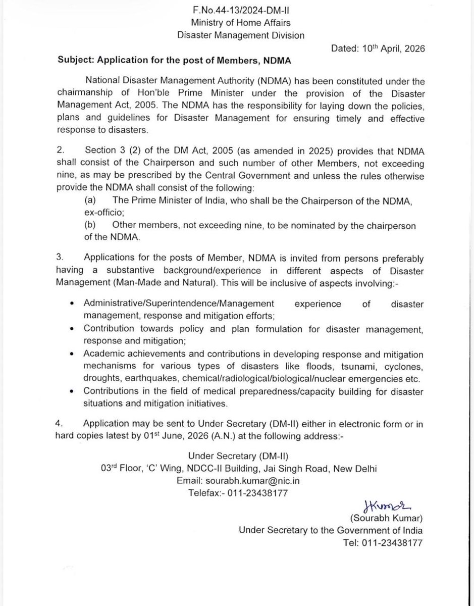 ndmaindia's tweet image. 📢 Applications Invited for the post of Members from individuals with extensive experience in disaster management, policy formulation, mitigation, and capacity building.
🗓️ Last date: 1st June 2026
Link: ndma.gov.in
#NDMA #DisasterManagement #PublicService