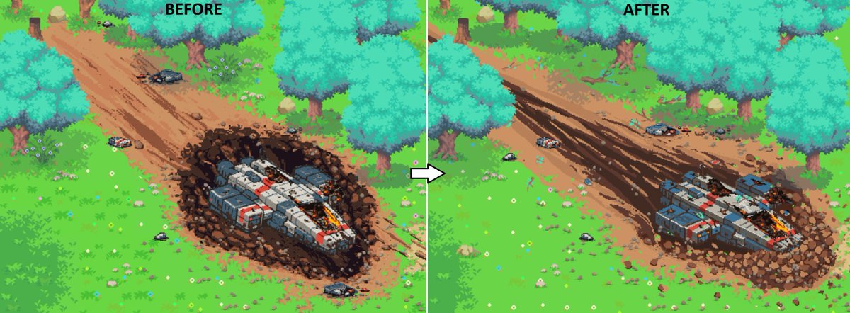 Mount_Frontier's tweet photo. I improved my crash site based on feedback.

I’ve been working on a crash scene for my game and got some really helpful feedback. The goal was to make it feel more natural and readable:

- less “perfect hole”
- clearer impact trail
- more debris along the path

Still iterating! https://t.co/GzMLfaNdnp
