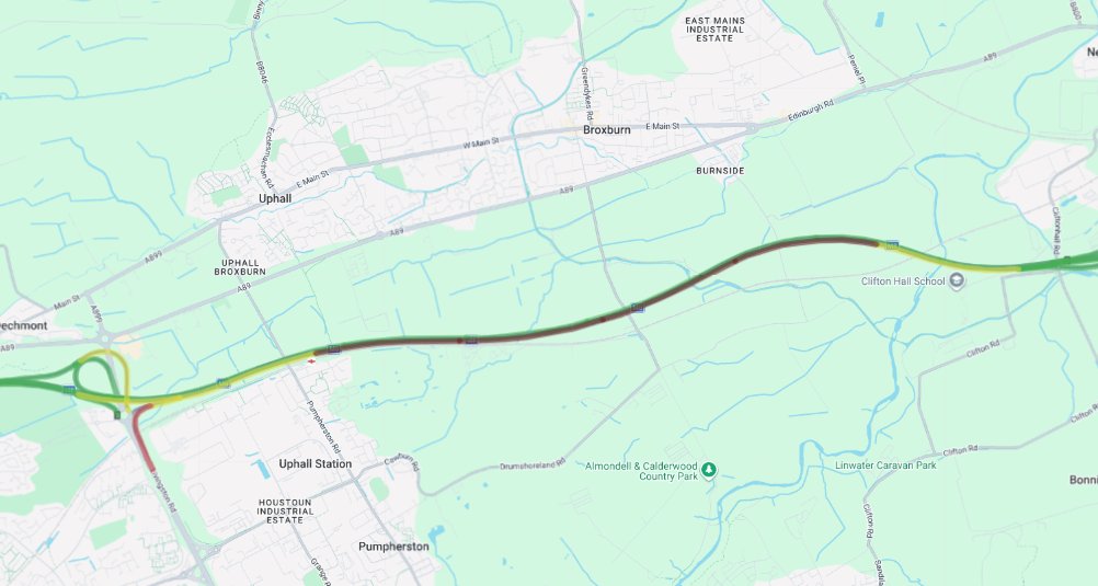 trafficscotland's tweet image. ❗️NEW⌚️13:31

🗺️#M8 Junction 3

⚠️The M8 is restricted WESTBOUND due to a broken down vehicle blocking lane 2.

🚗Drivers should use caution on approach and expect delay.

Current delay approx. 14 mins

Check your journey at traffic.gov.scot

@SETrunkRoads