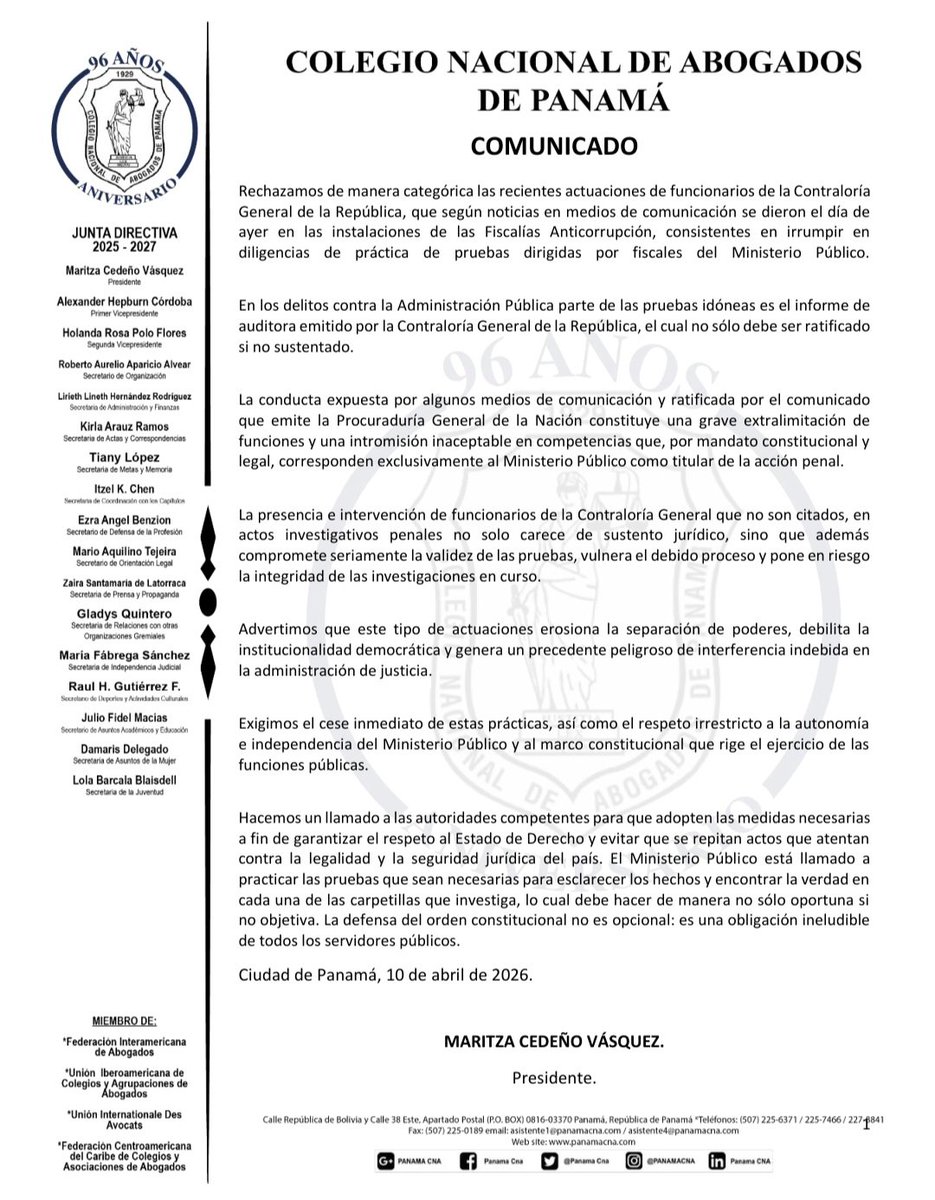 PanamaCNA's tweet photo. Posición del CNA en relación con las recientes diligencias realizadas por funcionarios de la Contraloría General de la República en las Fiscalías Anticorrupción. https://t.co/2zgEpaAep1