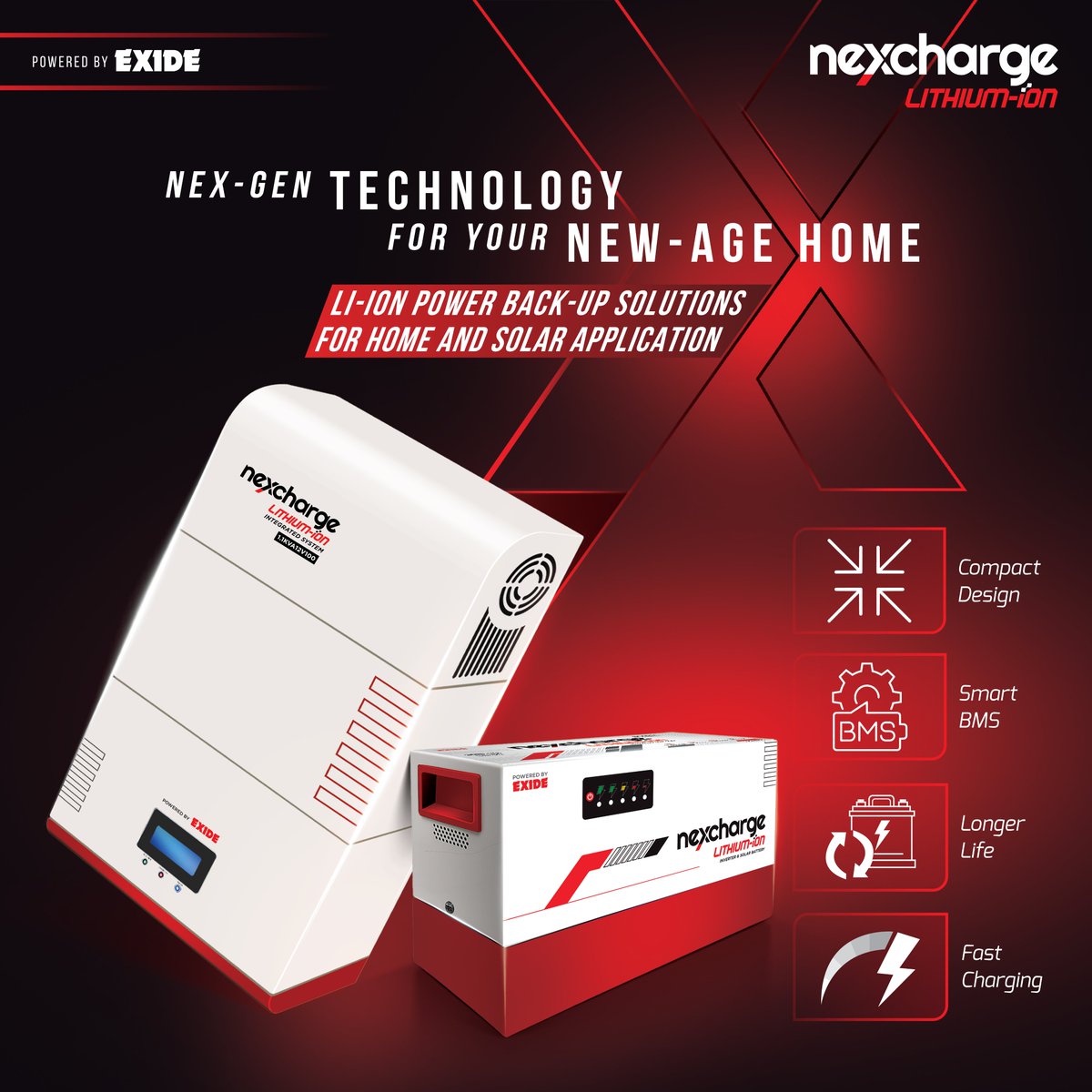 ExideCare's tweet image. Smarter control. Faster charging. Longer life. Step into the future with Nexcharge Li-ion power back-up solutions for home and solar application, powered by Exide.

#SolarForHome #BijliBackup #SolarEnergyIndia #Exide #lithiumionbattery #powerbackup #techdriven #nexgen