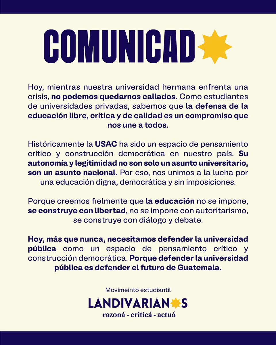 landivarianos's tweet photo. Compartimos nuestra postura hacia el reciente fraude en la elección de rector en la Universidad San Carlos de Guatemala e invitamos a todas aquellas universidades privadas a posicionarse en la defensa de la educación libre, crítica y de calidad. 💙💛✊🏽 https://t.co/eJRdNaDiPF