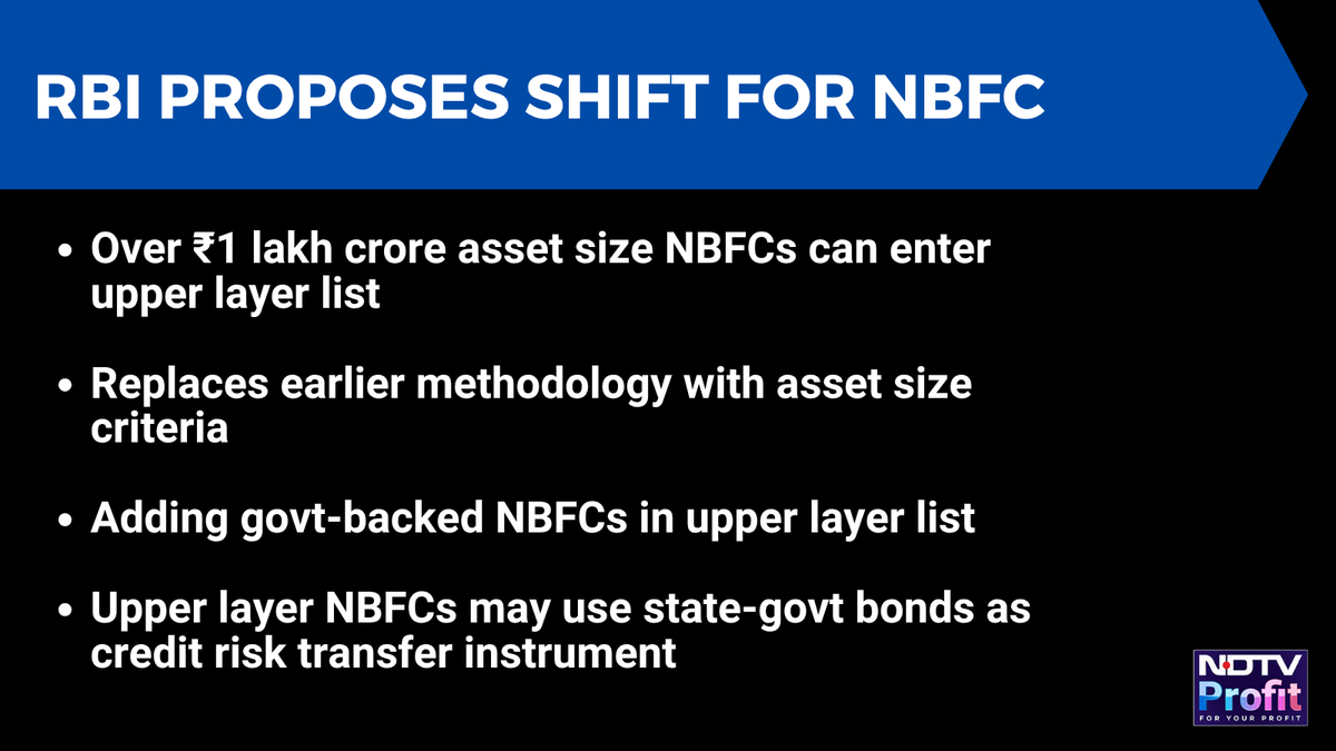 NDTVProfitIndia's tweet image. RBI redefines the "Upper Layer" club with a proposed Rs. 1 lakh crore entry bar for NBFCs.

#RBI #NBFC