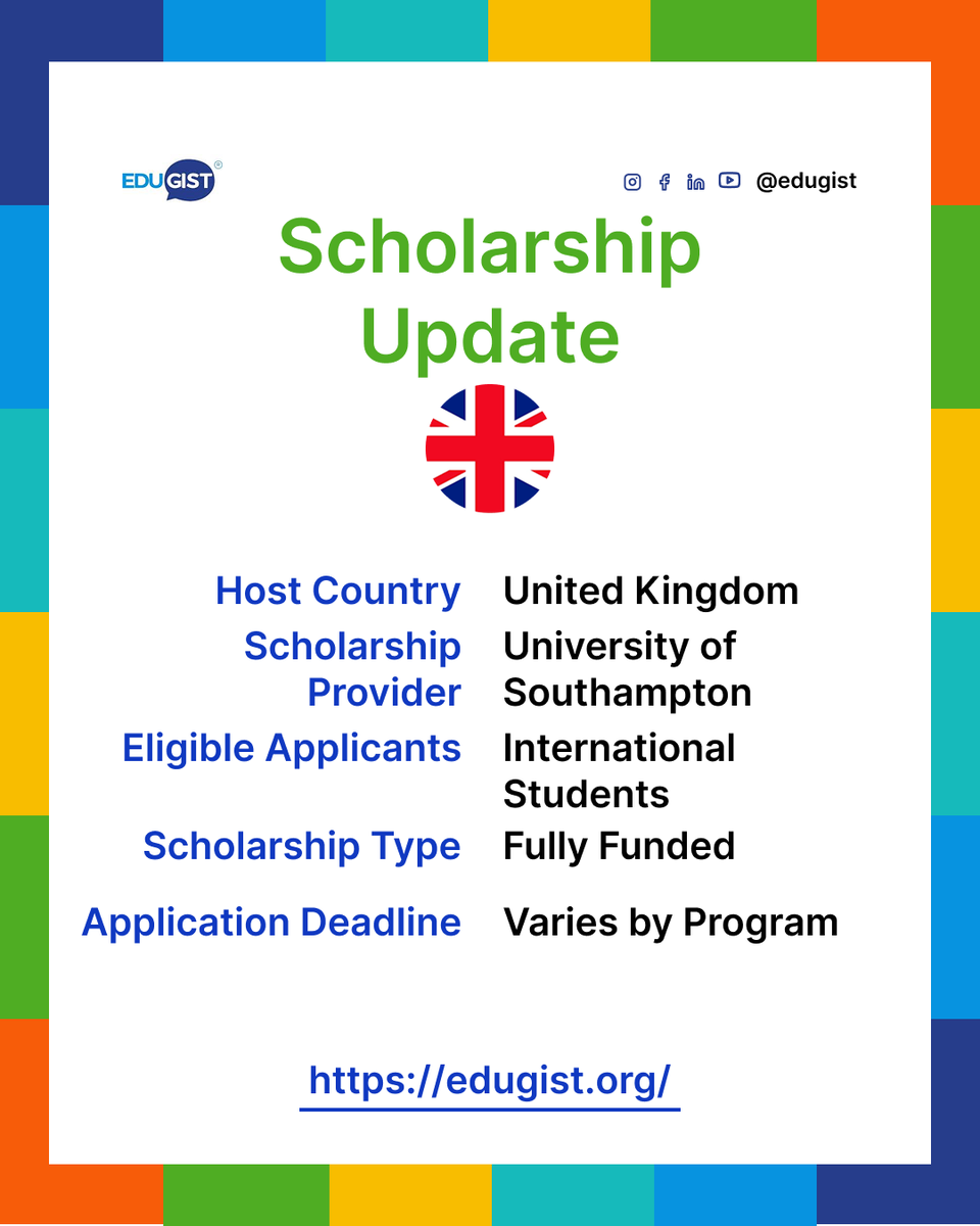 Edugist's tweet image. 🎓 2026/27 University of Southampton PhD Scholarship 🇬🇧

Fully funded + £19,237 annual stipend!
Perfect for top research students.
Apply here 👇
 edugist.org/university-of-…

#PhDScholarship #StudyInUK