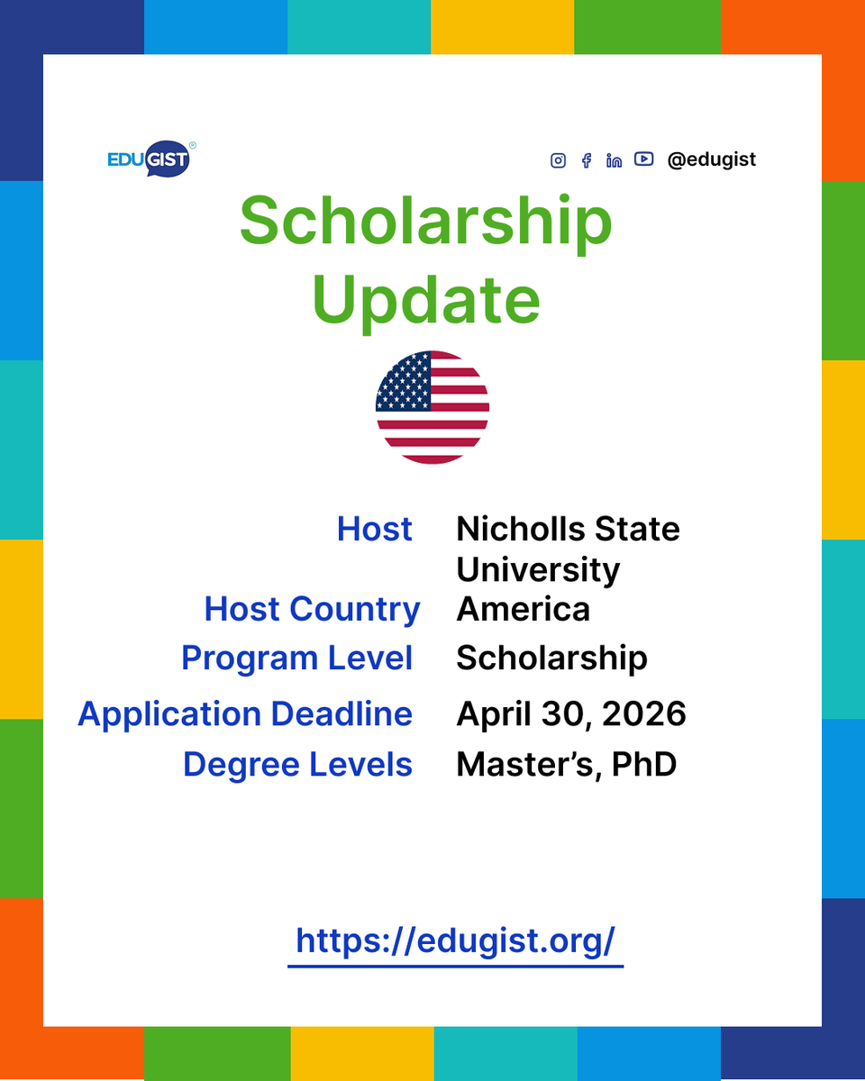 Edugist's tweet image. 🎓 2026 Nicholls State University Scholarship 🇺🇸

Fully funded Master’s + $18,000 stipend!
Great for biology &amp;amp; environmental science students 🌱
Apply 👇
 edugist.org/nicholls-state…

#StudyInUSA #MastersScholarship