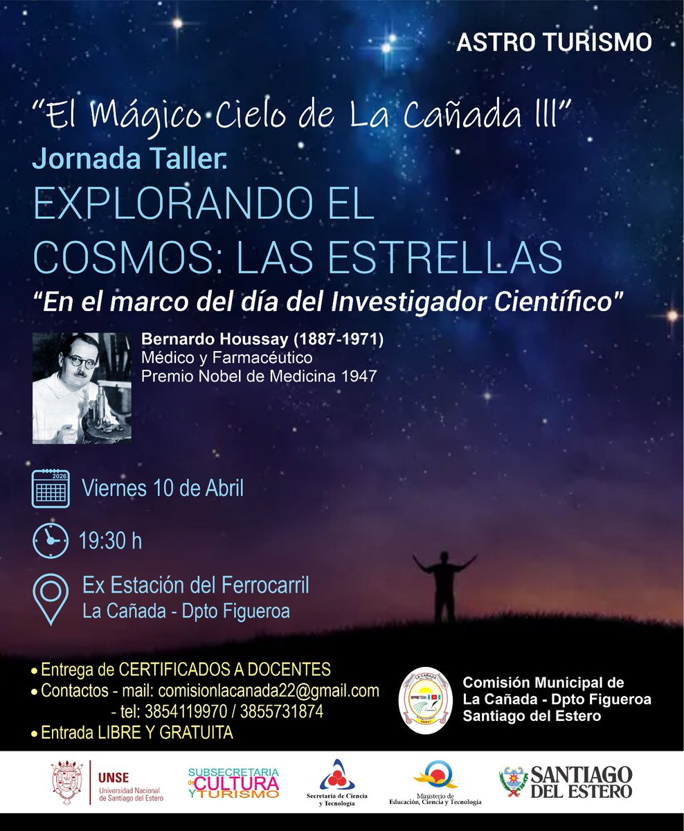 ✨ Astro Turismo en Santiago del Estero
“Explorando el cosmos: las estrellas” 🔭

📅 10/4 | 19:30 hs
📍 La Cañada (Ex Estación)
🎟️ Gratis

Viví una noche única bajo el cielo santiagueño 🌌