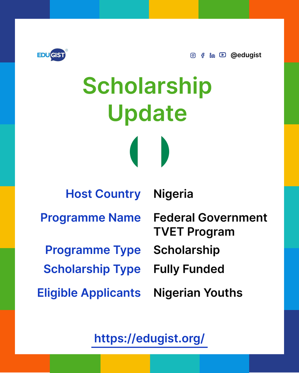 Edugist's tweet image. 🎓 Federal Government TVET Program 2026 🇳🇬

Free training + ₦22,500 monthly stipend!
Learn practical skills &amp;amp; get certified.
Apply now 👇
 edugist.org/federal-govern…

#Nigeria #TVET #SkillsTraining