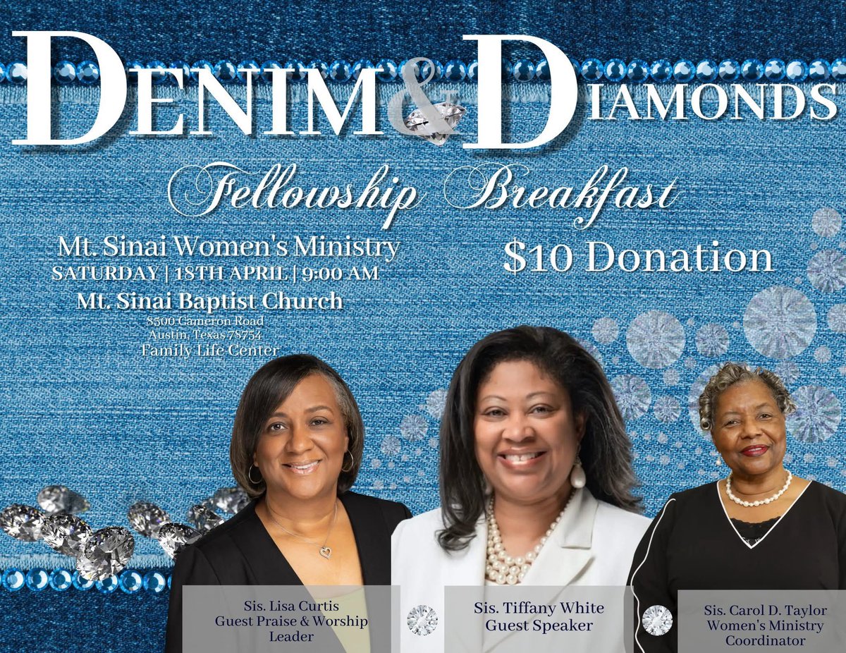 TiffHolmesWhite's tweet image. Ladies, with the strength of denim and the brilliance of diamonds, looking forward to a memorable and meaningful time in The Lord at the upcoming Denim and Diamonds Fellowship Breakfast! 

Mark your calendar 🗓️

#TagASister #TagAFriend💎👖💙