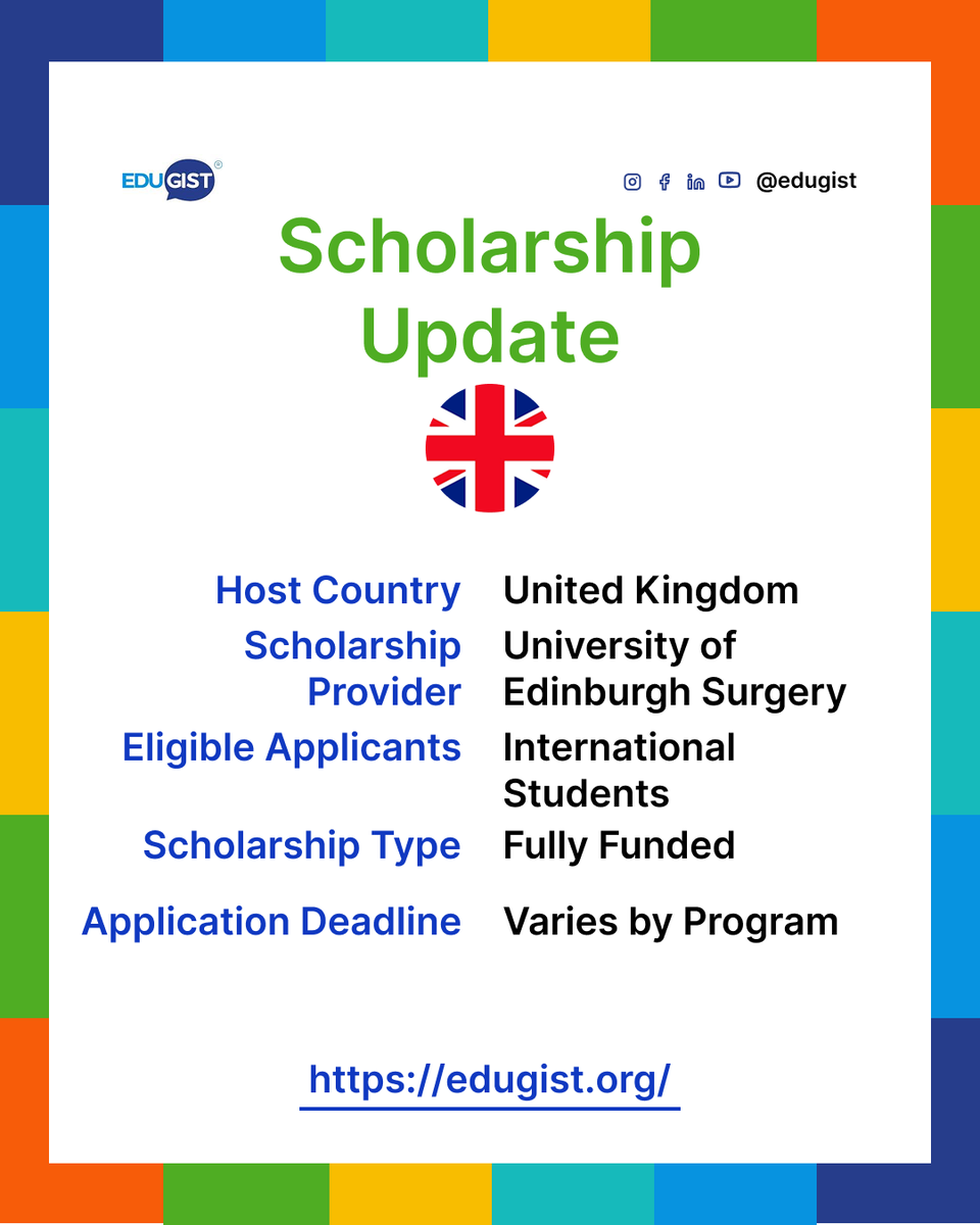 Edugist's tweet image. 🎓 University of Edinburgh Online Surgery Scholarship 🇬🇧

Fully funded online Master’s for medical professionals 🩺
Study from anywhere!
Apply now 👇
 edugist.org/university-of-…

#OnlineStudy #Scholarship