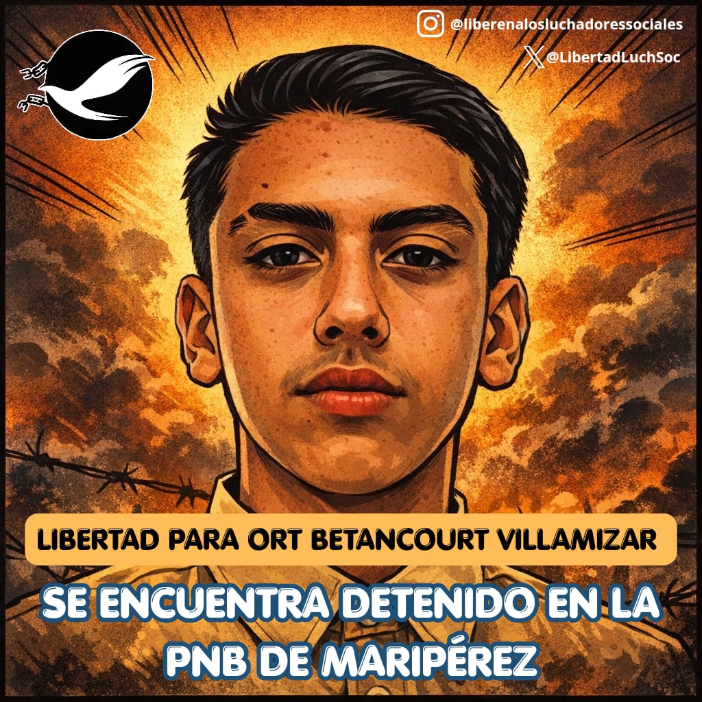 ACTUALIZACIÓN | #10Abril | Ort Betancourt, estudiante de la Unexpo Guarenas detenido en una manifestación en Caracas el día de ayer, está recluido en la PNB de Maripérez. Su familia ya tiene contacto con él. 

Mantenemos nuestra exigencia de liberación inmediata y la de todos los