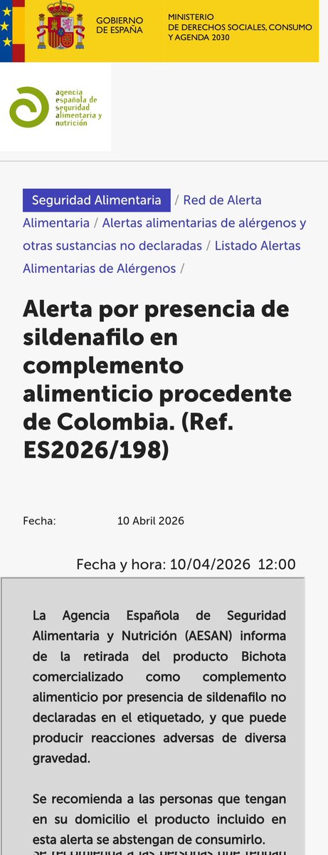 AESAN_gob_es's tweet photo. ⚠️ Alerta por presencia de sildenafilo en complemento alimenticio.
🚫 No consumir
📌 https://t.co/othoAtUvYU https://t.co/CpL0xNhxIR