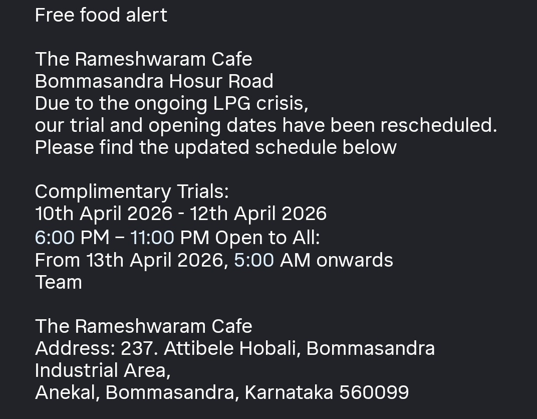 lvnyii's tweet image. Free food trail at Rameshwaram cafe bommasandra, Bangalore
Check out the full address with dares _ timings in the attached picture 

#freefood  #freetrail #rameswaramfreefood