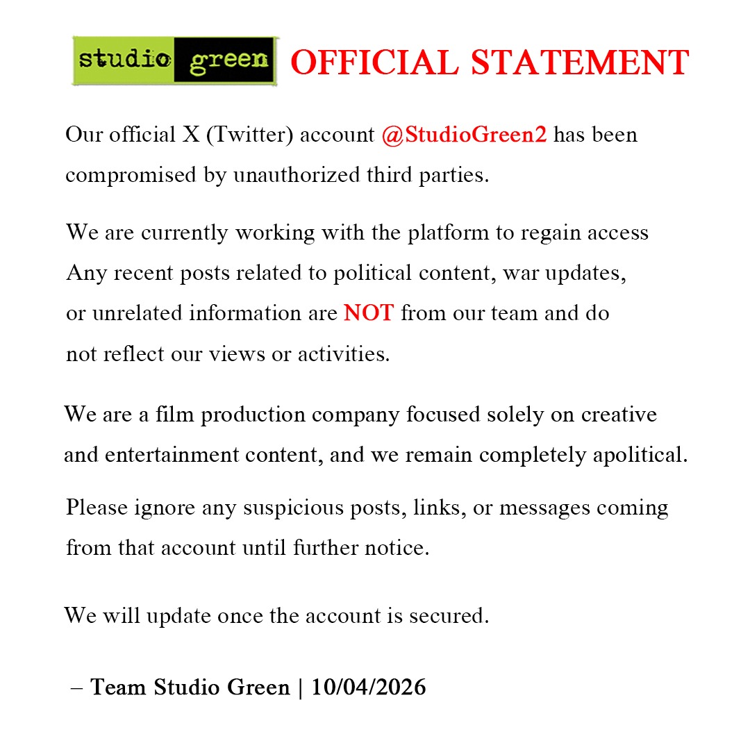 TamilCineXpress's tweet image. Team #StudioGreen official statement. 

Account was Temporarily hacked, team is working to reactive it.

@StudioGreen
