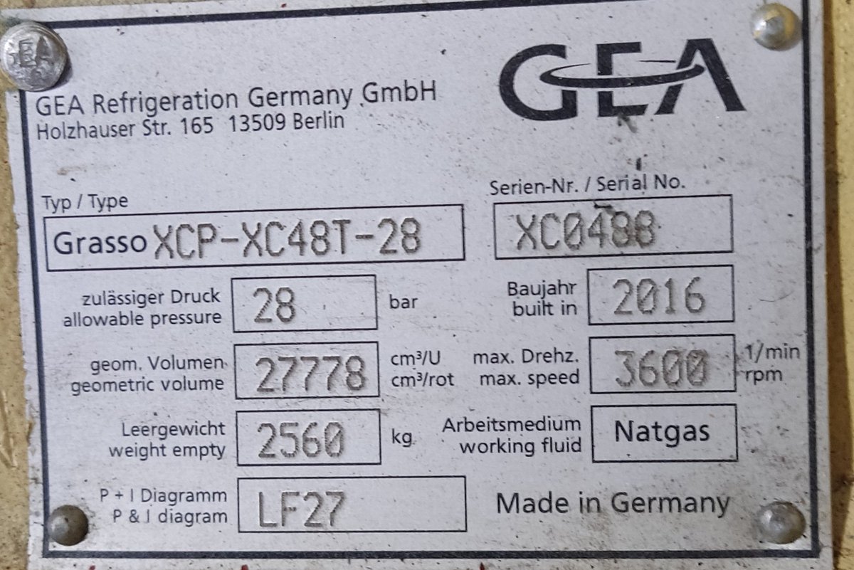 GEA Refrigeration Germany GmbH
Holzhauser Str. 165 13509 Berlin
GEA

型号/序列号
Typ / Type：Grasso XCP-XC48T-28
Serien-Nr. / Serial No.：XC0488

技术参数
zulässiger Druck / allowable pressure：28 bar
Baujahr / built in：2016
geom. Volumen / geometric volume：27778 cm³/
