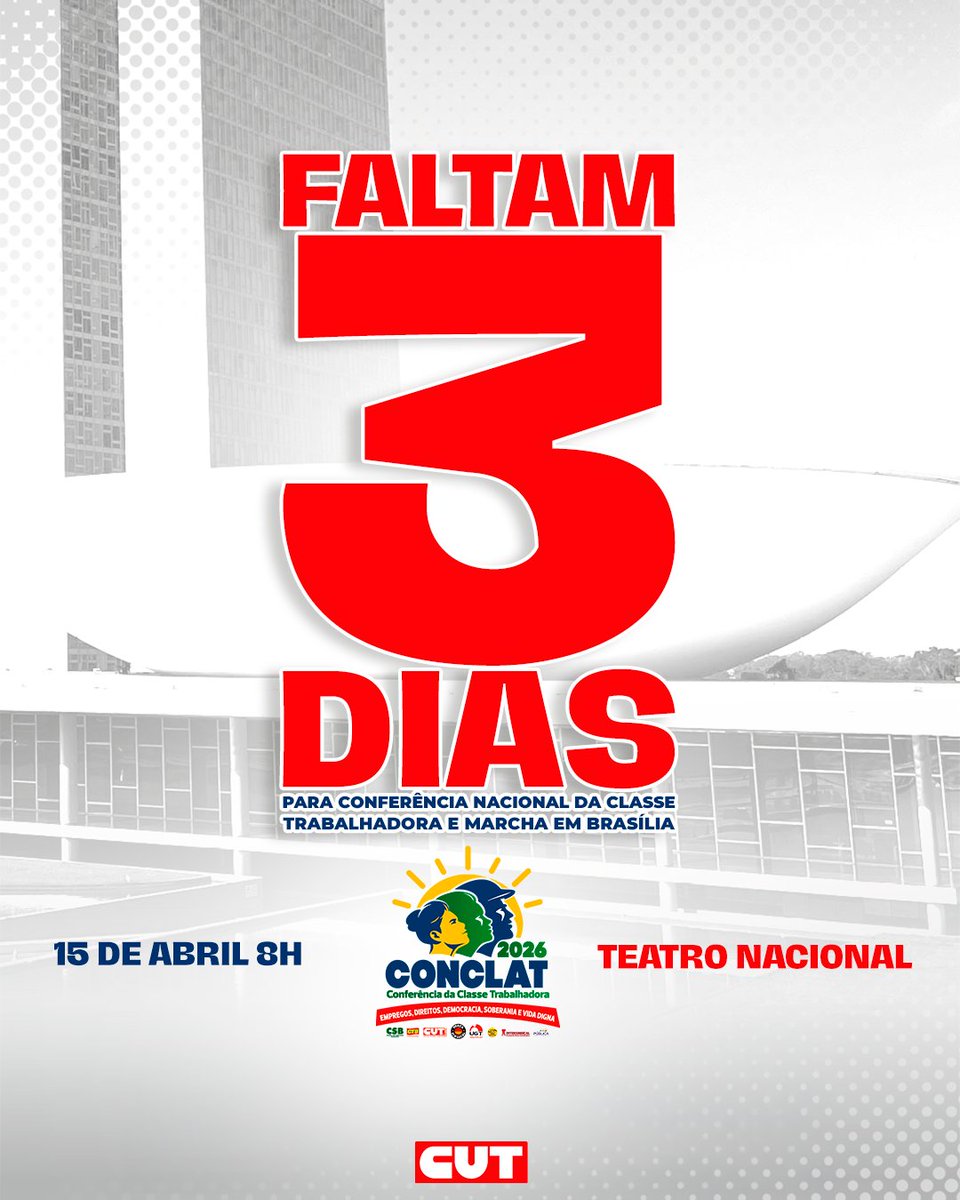 CUT_Brasil's tweet image. ⚠️ Faltam 3 dias! Agora é hora de intensificar a mobilização! Convide, compartilhe e fortaleça a luta por melhores condições de trabalho e justiça social.  ✊🏽 Nenhum direito a menos!  #CONCLAT2026 #MarchaDosTrabalhadores #CUT #NenhumDireitoAMenos #JustiçaSocial