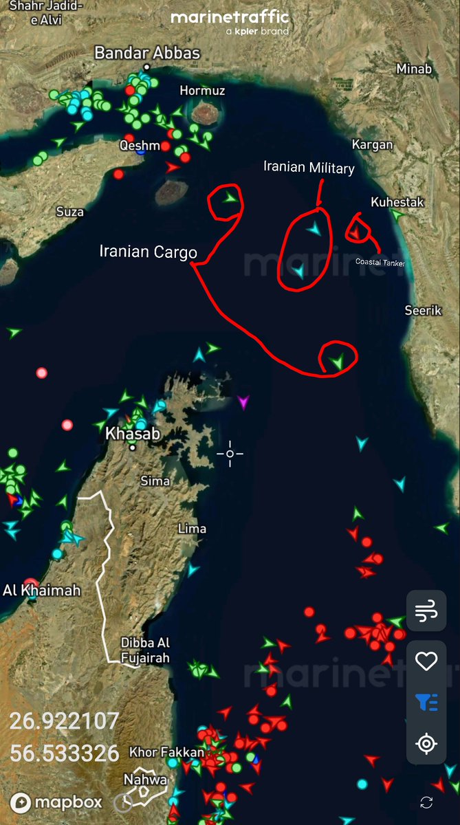 DanielAlpert's tweet photo. At 8am EDT Friday: Nothing doing in the Strait of Hormuz, but Iran is enjoying access to the Gulf of Oman and patrolling the area with the navy the US supposedly blew up. This is unforgivable. The way to reopen the Strait calls for the US to pursue a "Siege and Seal" strategy.>> https://t.co/7vpBoJZ880