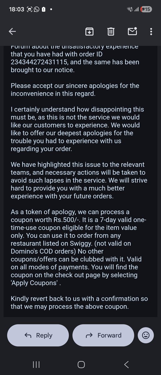 nihverma's tweet photo. In response to my consumer helpline ticket,  @Swiggy offered 500 rs. Conditional coupon for the "inconvenience" they caused during the ordeal my family had to go through. I'm astounded at what is considered appropriate as resolution. @PiyushGoyalOffc @PiyushGoyal @jagograhakjago https://t.co/CNPnBapuJk