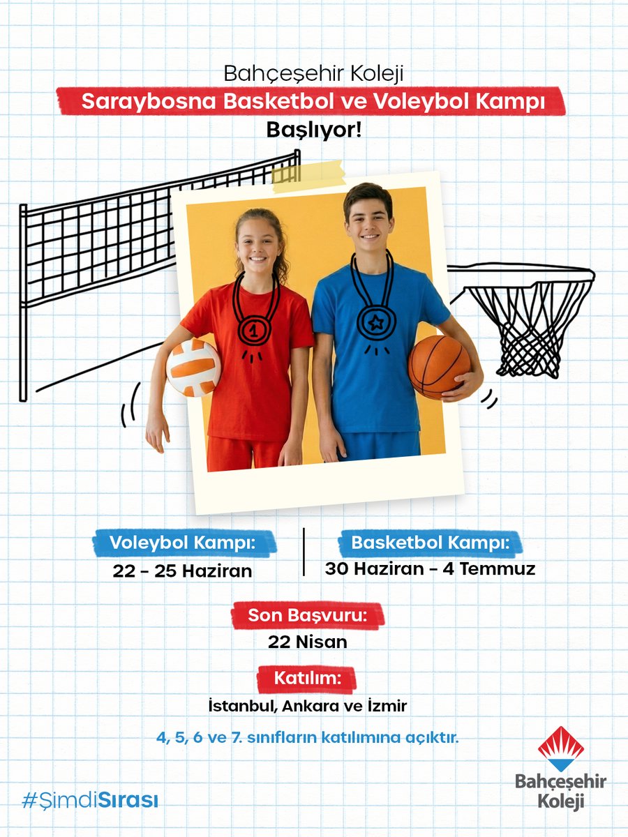 bahcesehir_k12's tweet photo. Yeni dostlukların, unutulmaz anıların ve spor dolu günlerin #ŞimdiSırası 🌍✨

Bahçeşehir Koleji Saraybosna Basketbol ve Voleybol Kampı Başlıyor!
 
🏐 Voleybol Kampı: 22 – 25 Haziran
🏀 Basketbol Kampı: 30 Haziran – 4 Temmuz

🎯 Son Başvuru: 22 Nisan

📍 Katılım: İstanbul, Ankara ve İzmir

🎒 4, 5, 6 ve 7. sınıfların katılımına açıktır.

#BahçeşehirKoleji