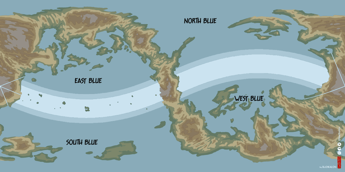 budkalon's tweet photo. still kinda not a great visualisation (but not incorrect tho)

The thing is... One Piece World also inclines (around 23–45 degrees), that's why North Blue is on the “right side” of East Blue, since it really is in the north and includes the north pole. South Blue is the same case https://t.co/YqS0WlFX9s