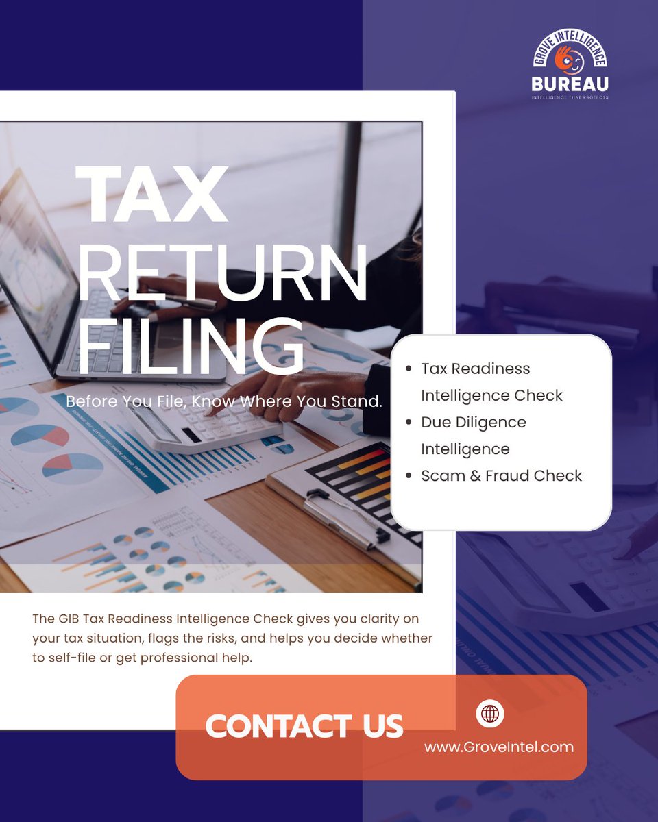 GroveIntel's tweet photo. Before you file — know where you stand.
The GIB Tax Readiness Intelligence Check: clarity, risk flags, and zero guesswork

$29. One-time. https://t.co/a5DTHOmRLo

#RutoRevampingNairobi Creative Economy Win #SemaNaSpox Sports Entertainment District #InclusiveDigitalFutures https://t.co/tr51Op8WtL