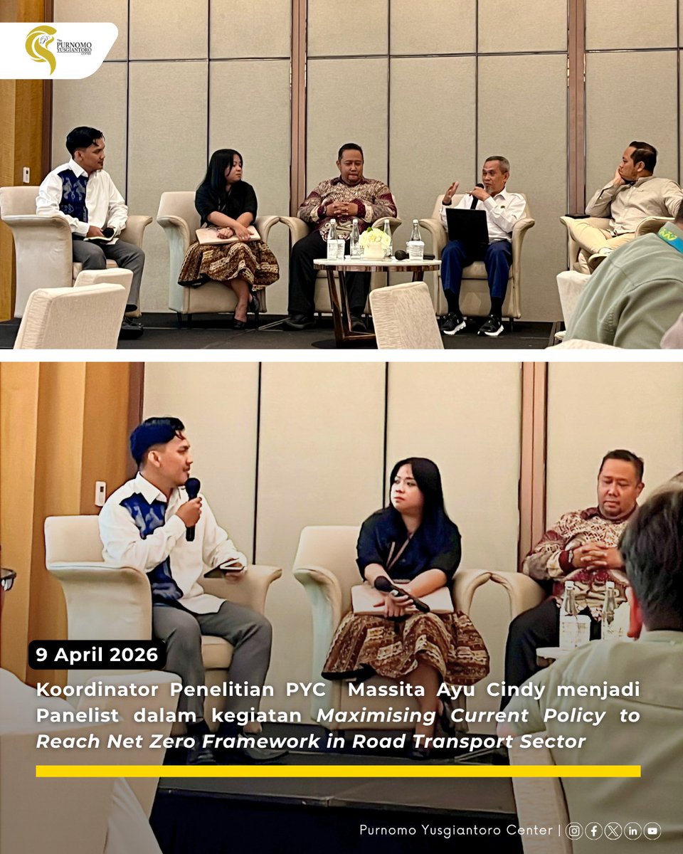 Kamis, 9 April 2026 Koordinator Penelitian Purnomo Yusgiantoro Center (PYC) Massita Ayu Cindy menjadi panelis pada acara yang diselenggarakan institute for Essential Service Reform (IESR)  Maximising Current Policy to Reach Net Zero Framework in Road Transport Sector pada sesi 4