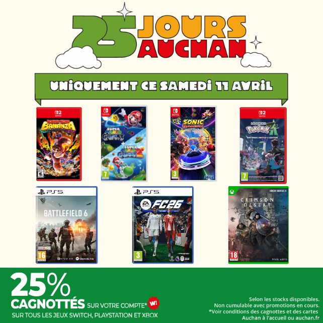 HypergamesA's tweet image. Ce samedi 11 avril chez Auchan : 

25% cagnottés sur votre compte Waaoh* sur tous les jeux Switch, Playstation et Xbox ! 

*Voir conditions des cagnottes et des cartes 
Auchan à l’accueil ou auchan.fr
Non cumulable avec promotions en cours
Selon stocks disponibles